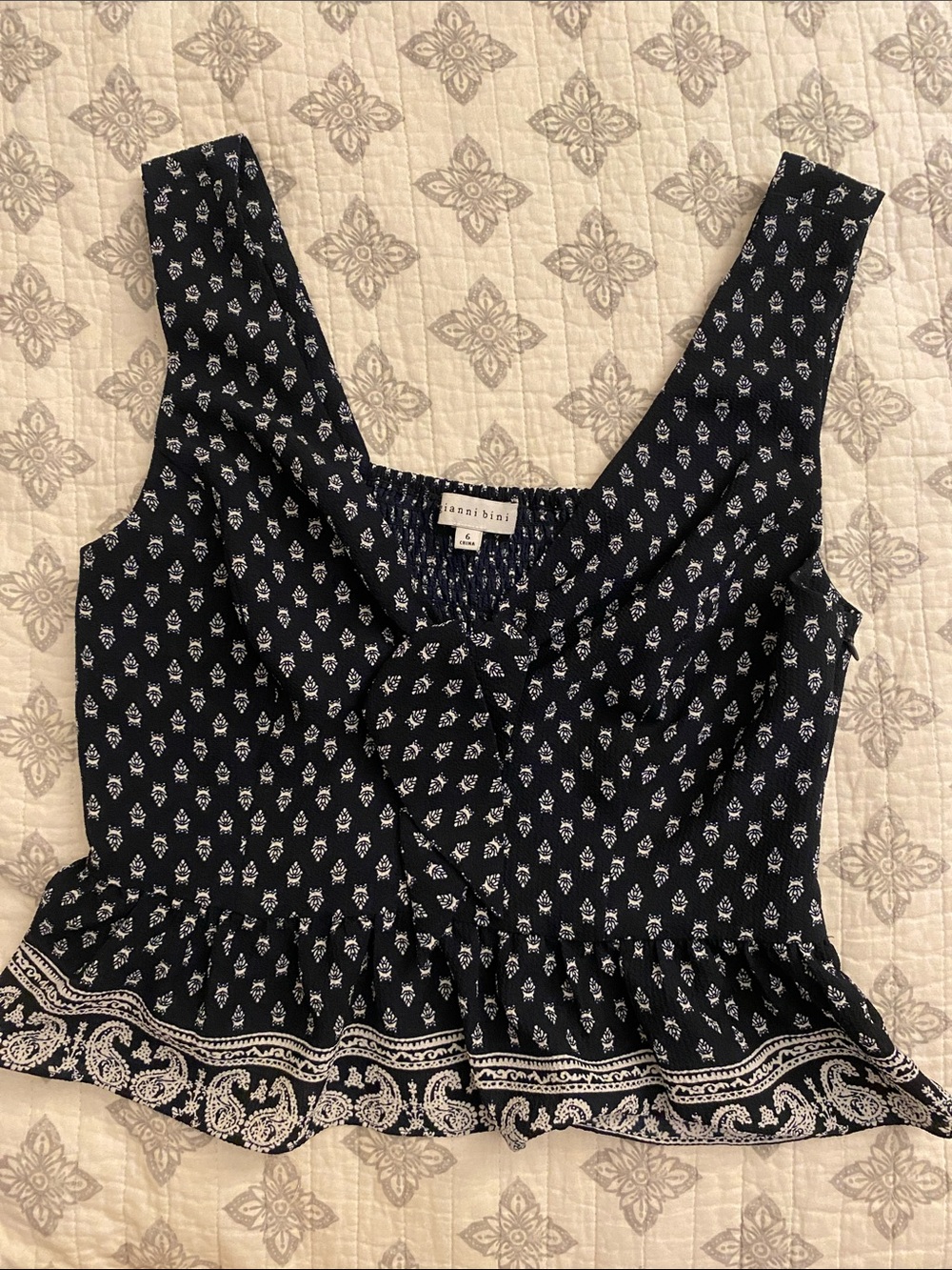 Gianni Bini Navy and White Printed Tank with Peplum